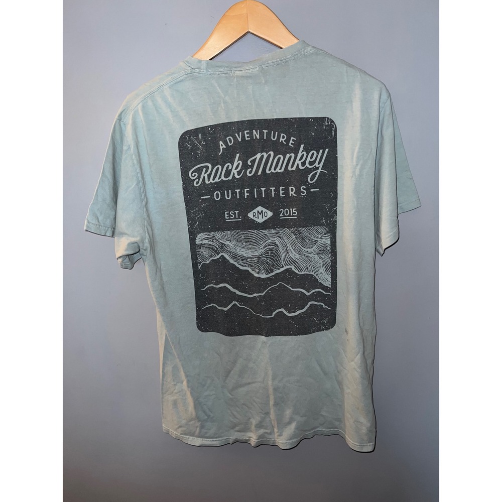 Rock Monkey Outfitters Adventure Graphic Pocket T-Shirt Mens Medium Blue Seafoam